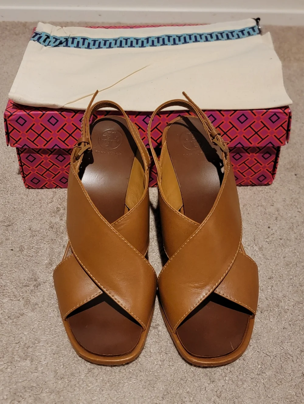 Tory Burch Gabrielle Leather Slingback Wedges Heels Royal Tan Size 9